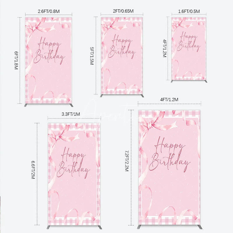 Aperturee - Aperturee Sweet Pink Gingham Happy Birthday Rectangle Arch Backdrop with Watercolor Ribbons Festive Party Decor
