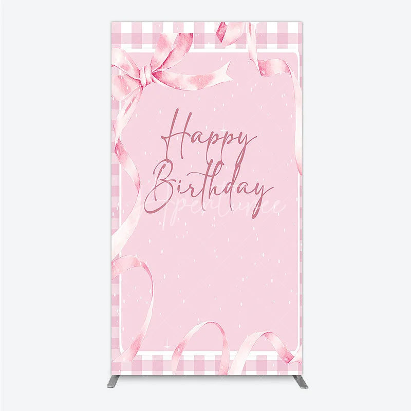 Aperturee - Aperturee Sweet Pink Gingham Happy Birthday Rectangle Arch Backdrop with Watercolor Ribbons Festive Party Decor