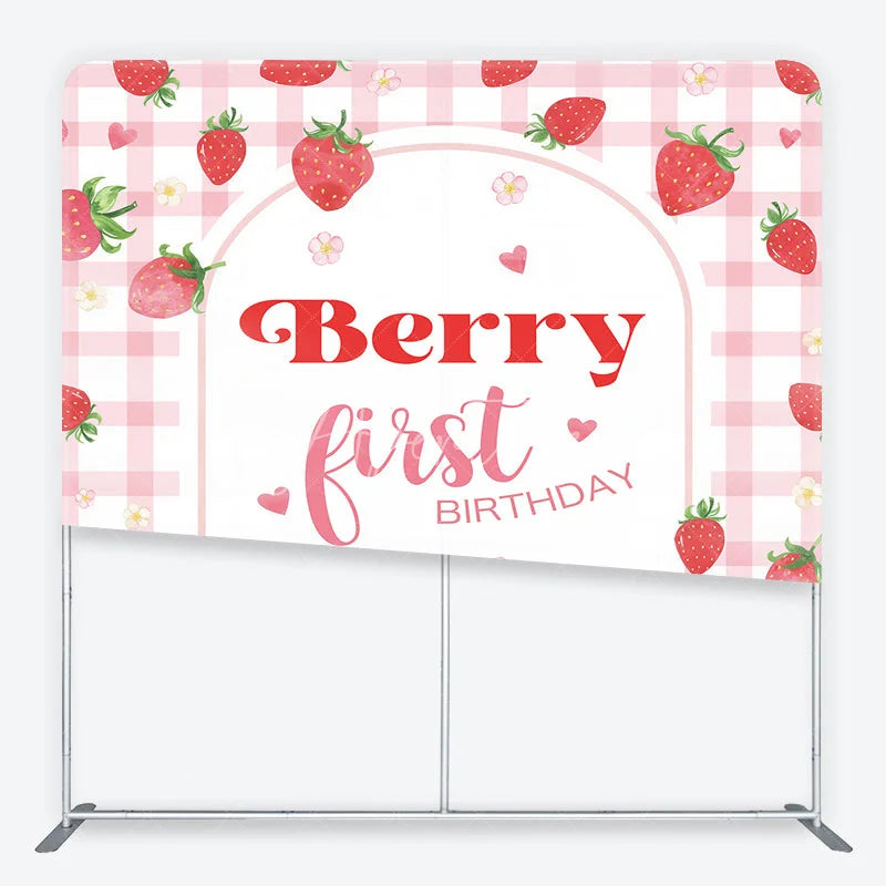Aperturee - Aperturee Sweet Pink Gingham Strawberry Berry First Birthday Square Double-Sided Backdrop Cute Baby Shower Party Decor