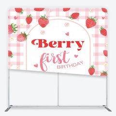 Aperturee - Aperturee Sweet Pink Gingham Strawberry Berry First Birthday Square Double-Sided Backdrop Cute Baby Shower Party Decor