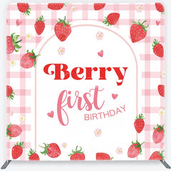 Aperturee - Aperturee Sweet Pink Gingham Strawberry Berry First Birthday Square Double-Sided Backdrop Cute Baby Shower Party Decor
