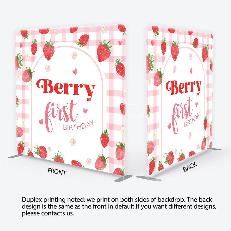 Aperturee - Aperturee Sweet Pink Gingham Strawberry Berry First Birthday Square Double-Sided Backdrop Cute Baby Shower Party Decor