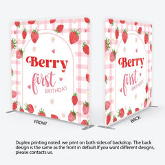 Aperturee - Aperturee Sweet Pink Gingham Strawberry Berry First Birthday Square Double-Sided Backdrop Cute Baby Shower Party Decor