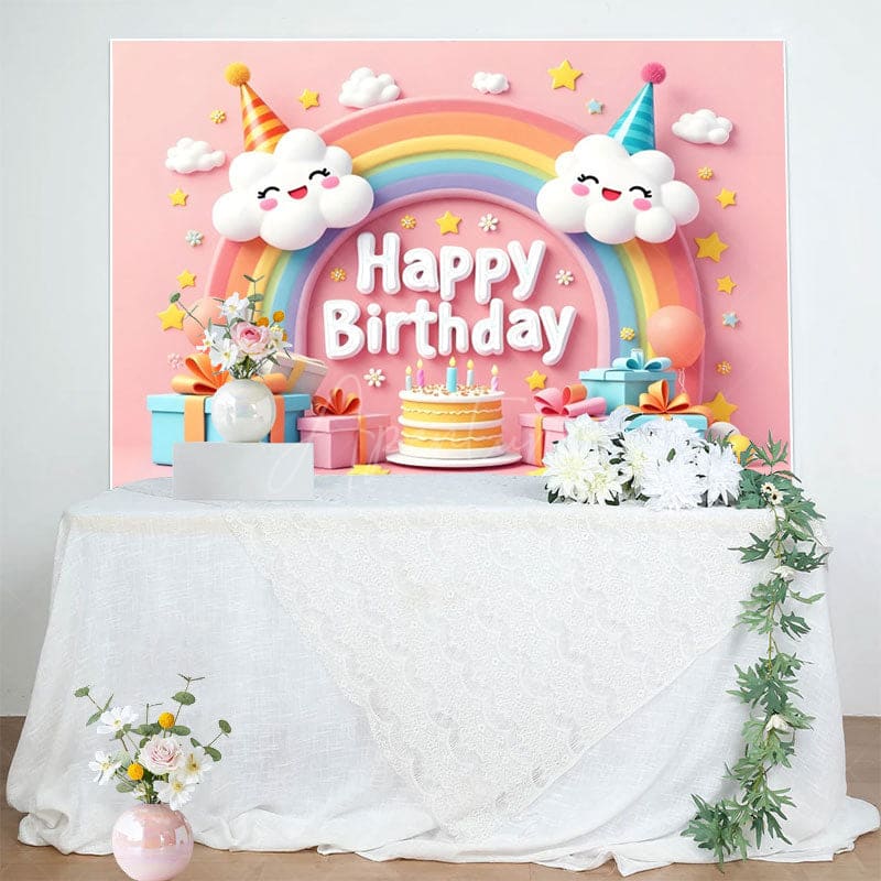 Aperturee - Aperturee Sweet Pink Lovely Rainbow Clouds Birthday Backdrop