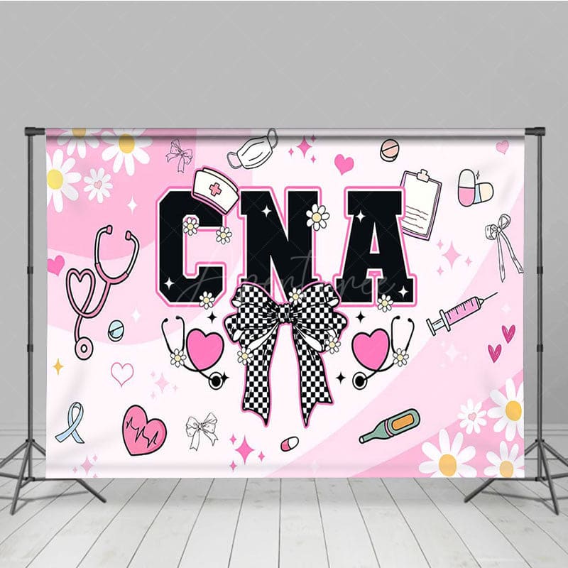Aperturee - Aperturee Sweet Pink White Daisy Bow Happy CNA Week Backdrop