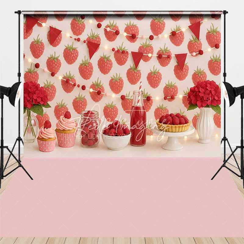 Aperturee - Aperturee Sweet Raspberry Combo Set Backdrop with String Lights and Bunting Perfect for Birthday Party Decor