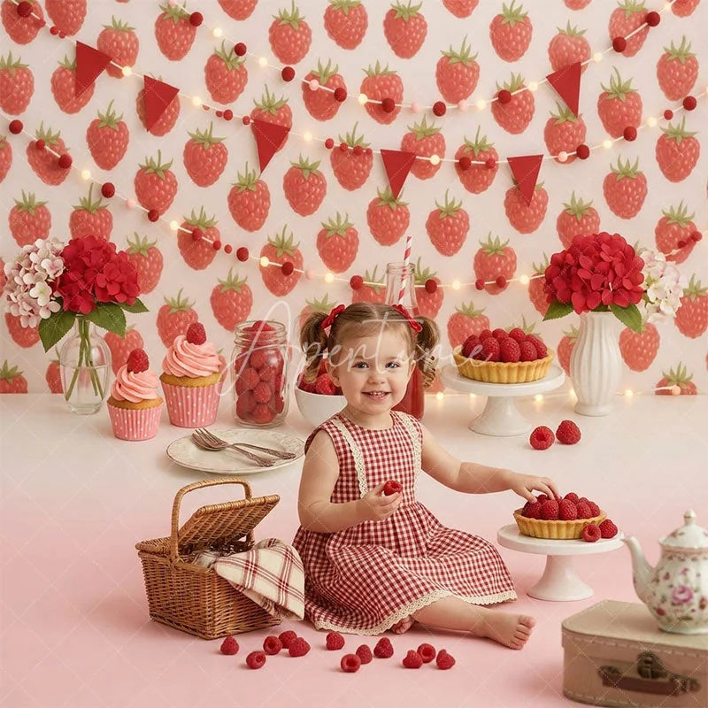 Aperturee - Aperturee Sweet Raspberry Combo Set Backdrop with String Lights and Bunting Perfect for Birthday Party Decor