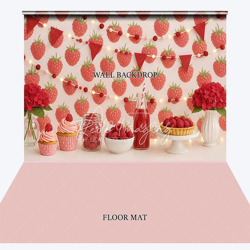 Aperturee - Aperturee Sweet Raspberry Combo Set Backdrop with String Lights and Bunting Perfect for Birthday Party Decor