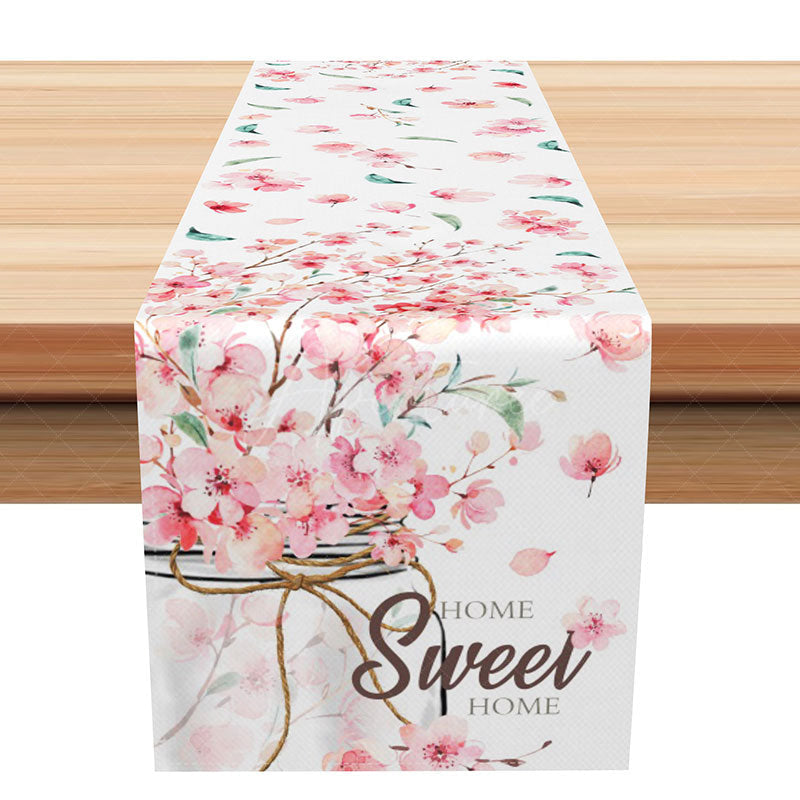 Aperturee - Aperturee Sweet Spring Peach Blossom Table Runner Chinese Ink Painting Style Home Decor Pink Floral Kitchen Dining Linen