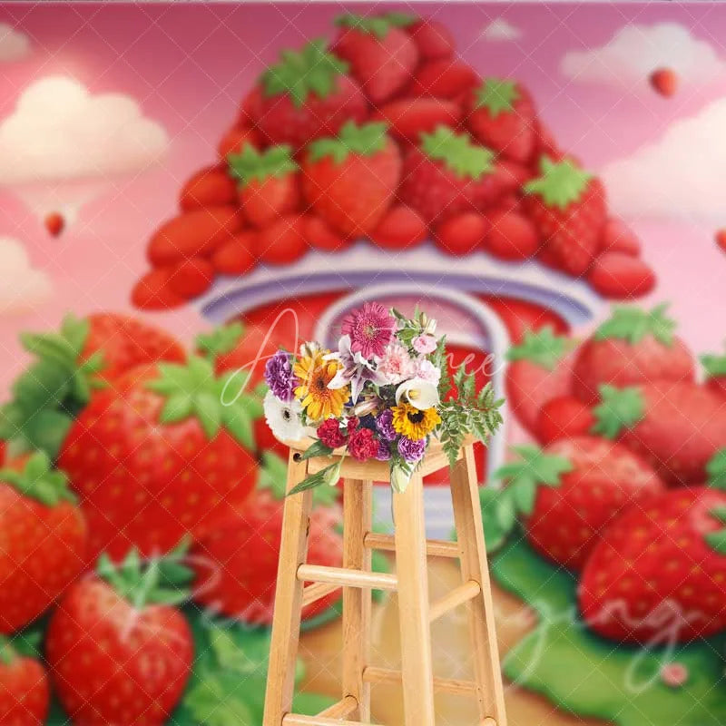 Aperturee - Aperturee Sweet Strawberry House Cake Smash Photography Backdrop Fantasy Fruit Garden Red Pink Background Kids Birthday Photo
