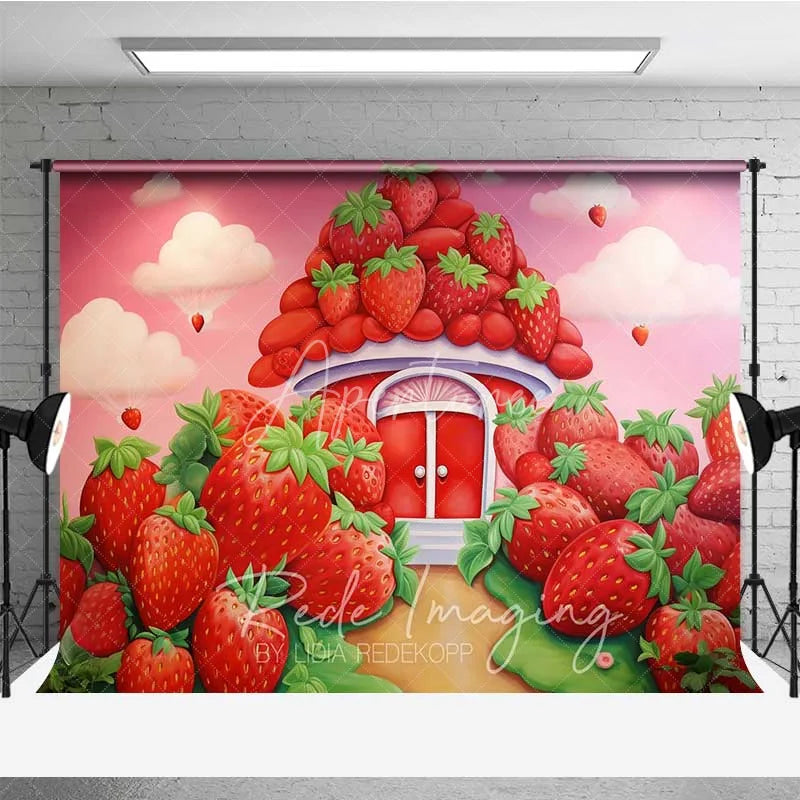 Aperturee - Aperturee Sweet Strawberry House Cake Smash Photography Backdrop Fantasy Fruit Garden Red Pink Background Kids Birthday Photo
