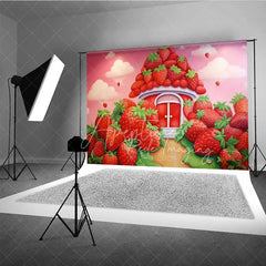 Aperturee - Aperturee Sweet Strawberry House Cake Smash Photography Backdrop Fantasy Fruit Garden Red Pink Background Kids Birthday Photo