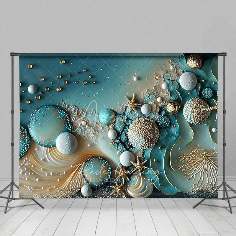 Aperturee - Aperturee Teal Abstract Bubble and Gold Starfish Backdrop Pearl Ocean Photography Background Summer Event Decor
