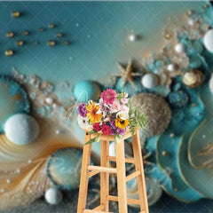 Aperturee - Aperturee Teal Abstract Bubble and Gold Starfish Backdrop Pearl Ocean Photography Background Summer Event Decor