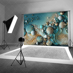 Aperturee - Aperturee Teal Abstract Bubble and Gold Starfish Backdrop Pearl Ocean Photography Background Summer Event Decor