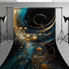 Aperturee - Aperturee Teal and Gold Abstract Fluid Art Backdrop Luxury Swirls and Golden Circles Photography Background