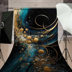 Aperturee - Aperturee Teal and Gold Abstract Fluid Art Backdrop Luxury Swirls and Golden Circles Photography Background