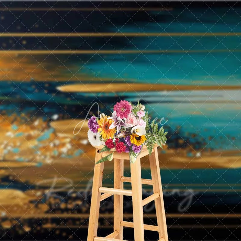 Aperturee - Aperturee Teal and Gold Horizontal Abstract Texture Backdrop Gold Leaf Art Photography Background Modern Party Event Decor