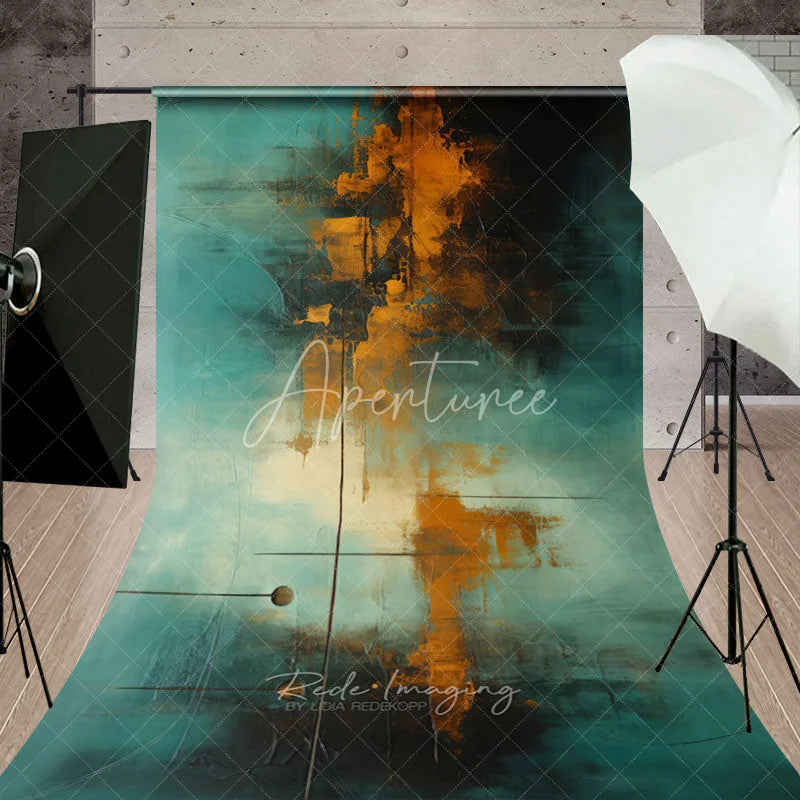 Aperturee - Aperturee Teal and Orange Abstract Textured Sweep Backdrop Modern Art Style with Dramatic Gold and Black Hues for Photography.