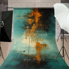 Aperturee - Aperturee Teal and Orange Abstract Textured Sweep Backdrop Modern Art Style with Dramatic Gold and Black Hues for Photography.