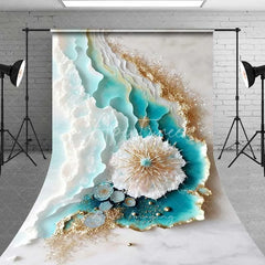 Aperturee - Aperturee Teal and White Layered Wave Abstract Art Backdrop Gold Glitter and Spiky Anemone Photography Background