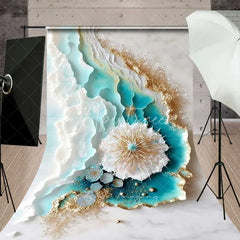 Aperturee - Aperturee Teal and White Layered Wave Abstract Art Backdrop Gold Glitter and Spiky Anemone Photography Background