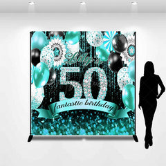 Aperturee - Aperturee Teal Balloons Bokeh Custom Name 50 Birthday Backdrop
