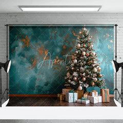 Aperturee - Aperturee Teal Blue Christmas Backdrop Abstract Grunge Wall Gold Ornament Photography Background Modern Holiday Tree Party