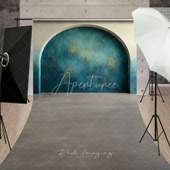 Aperturee - Aperturee Teal Blue Gold Abstract Textured Arched Alcove Sweep Backdrop Modern Grey Floor Photography Background