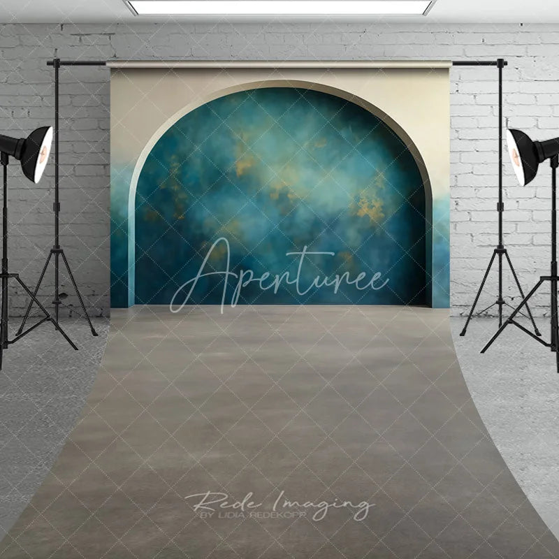 Aperturee - Aperturee Teal Blue Gold Abstract Textured Arched Alcove Sweep Backdrop Modern Grey Floor Photography Background
