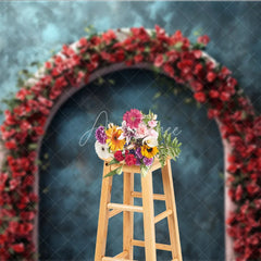 Aperturee - Aperturee Teal Blue Textured Photography Backdrop with Red Floral Arch and Hearts for Romantic Valentines Day Celebrations