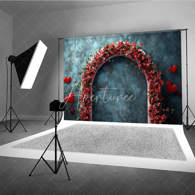 Aperturee - Aperturee Teal Blue Textured Photography Backdrop with Red Floral Arch and Hearts for Romantic Valentines Day Celebrations