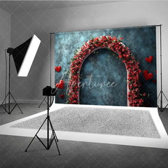 Aperturee - Aperturee Teal Blue Textured Photography Backdrop with Red Floral Arch and Hearts for Romantic Valentines Day Celebrations