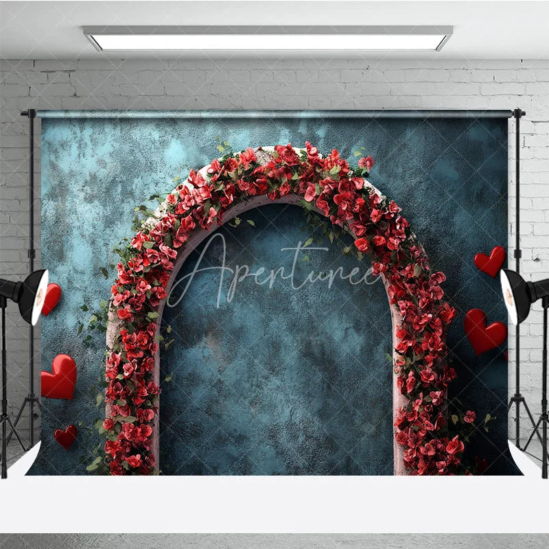 Aperturee - Aperturee Teal Blue Textured Photography Backdrop with Red Floral Arch and Hearts for Romantic Valentines Day Celebrations