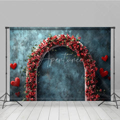 Aperturee - Aperturee Teal Blue Textured Photography Backdrop with Red Floral Arch and Hearts for Romantic Valentines Day Celebrations
