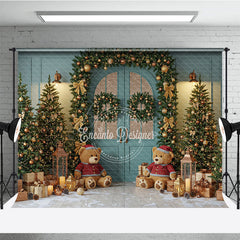 Aperturee - Aperturee Teal Christmas Door Photography Backdrop Teddy Bears in Snow with Gold Garland Holiday Mini Session Background