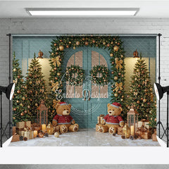 Aperturee - Aperturee Teal Christmas Door Photography Backdrop Teddy Bears in Snow with Gold Garland Holiday Mini Session Background