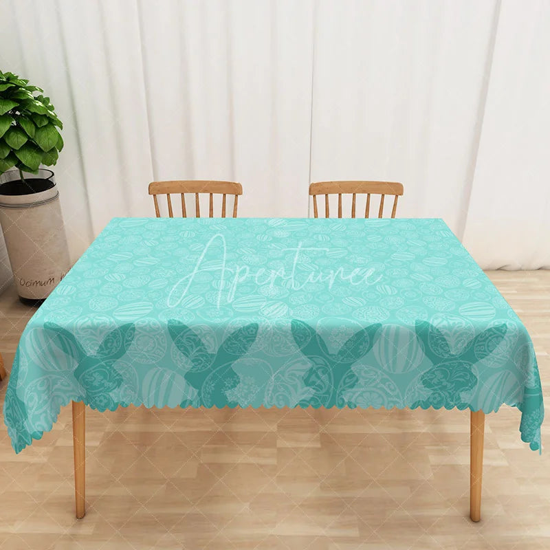 Aperturee - Aperturee Teal Easter Egg Line Art Rectangle Tablecloth Blue White Modern Pattern Table Cover Spring Holiday Home Decor