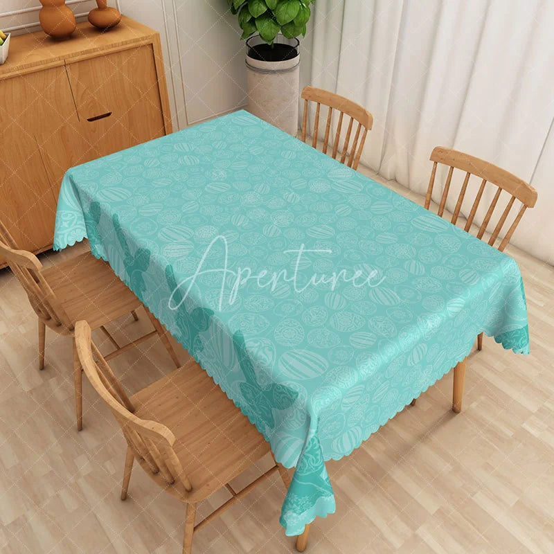 Aperturee - Aperturee Teal Easter Egg Line Art Rectangle Tablecloth Blue White Modern Pattern Table Cover Spring Holiday Home Decor