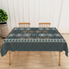 Aperturee - Aperturee Teal Geometric Rectangle Tablecloth Cross Stitch Style Pattern Table Cover Rustic Winter Dining Decor