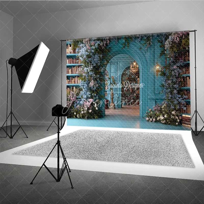 Aperturee - Aperturee Teal Magical Library Photography Backdrop Blue Floral Arch and Bookshelves Fine Art Fairytale Background