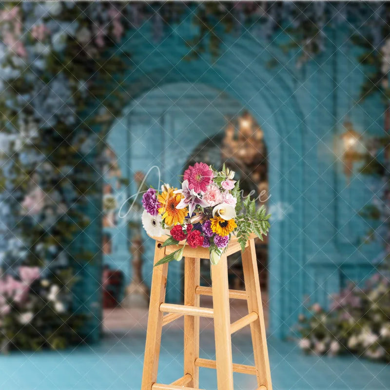 Aperturee - Aperturee Teal Magical Library Photography Backdrop Blue Floral Arch and Bookshelves Fine Art Fairytale Background