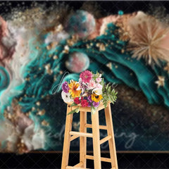 Aperturee - Aperturee Teal Ocean Fluid Art and Floating Pearls Backdrop Gold Dust Photography Background Summer Party Decor