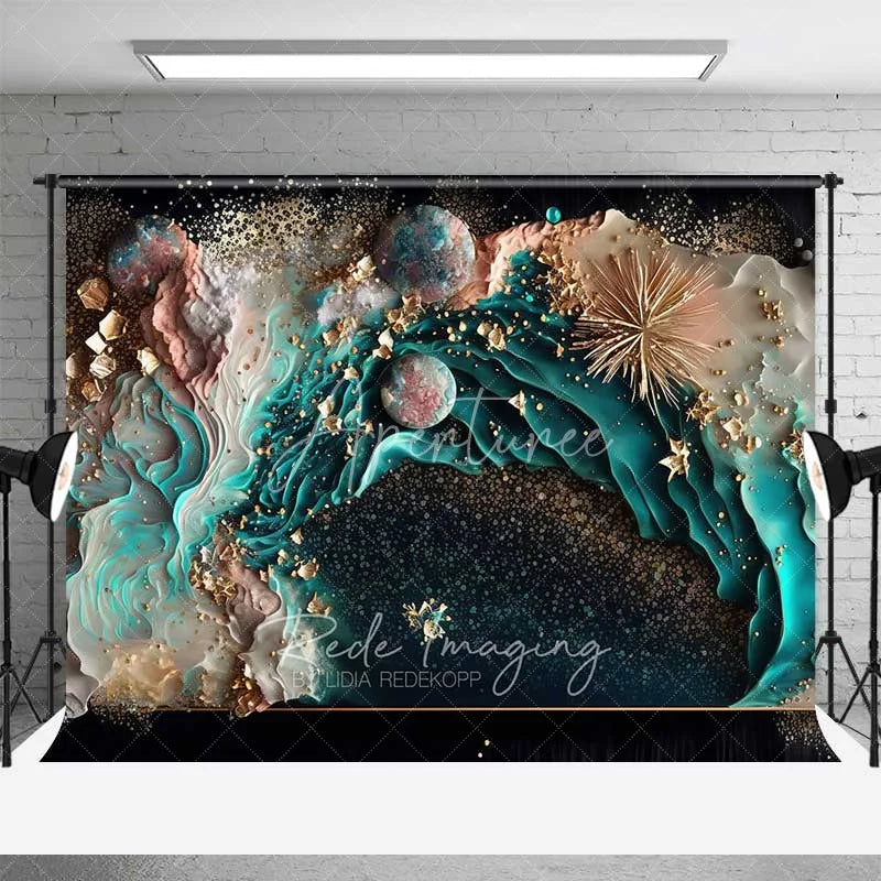 Aperturee - Aperturee Teal Ocean Fluid Art and Floating Pearls Backdrop Gold Dust Photography Background Summer Party Decor