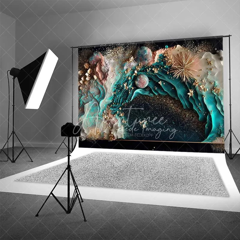 Aperturee - Aperturee Teal Ocean Fluid Art and Floating Pearls Backdrop Gold Dust Photography Background Summer Party Decor