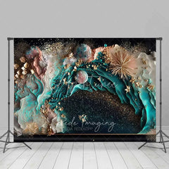 Aperturee - Aperturee Teal Ocean Fluid Art and Floating Pearls Backdrop Gold Dust Photography Background Summer Party Decor