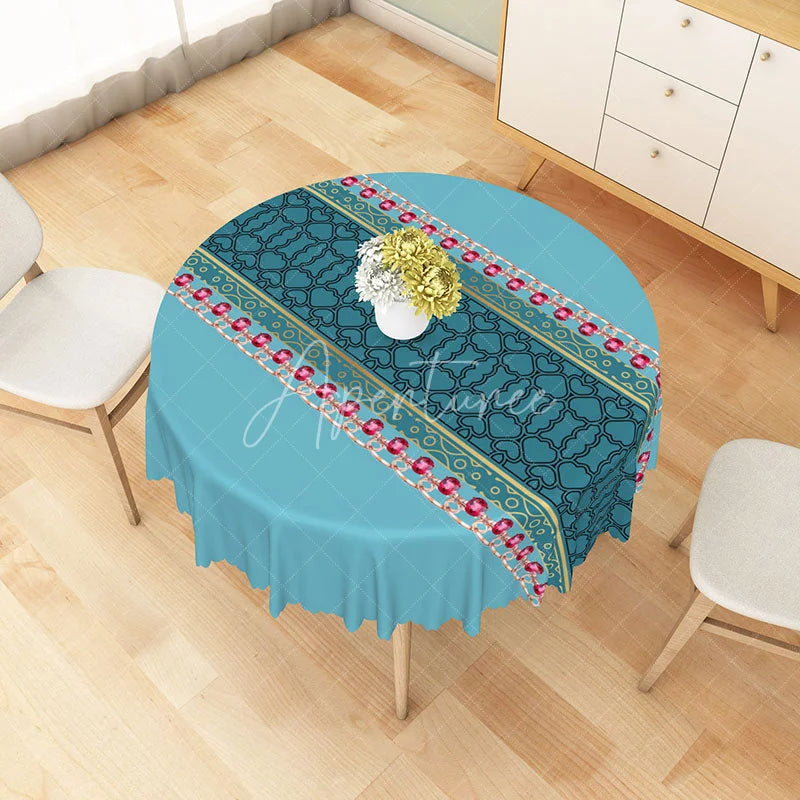 Aperturee - Aperturee Teal Ornate Pattern Round Tablecloth with Pink Gemstone Chain Detail Luxurious Ethnic Style Decor
