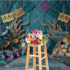 Aperturee - Aperturee Teal Purple Gold Day of the Dead Sugar Skulls Photography Backdrop Mystical Forest Scene with Papel Picado Banners
