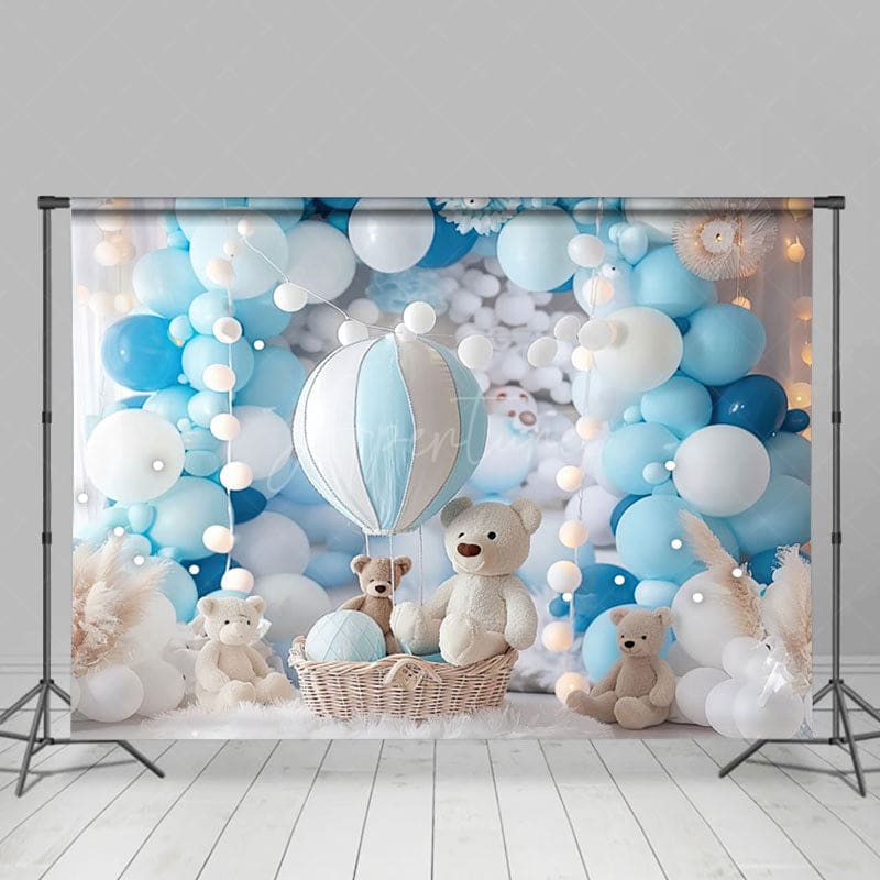 Aperturee - Aperturee Teddy Bear Baby Blue Hotair Balloon Photo Backdrop