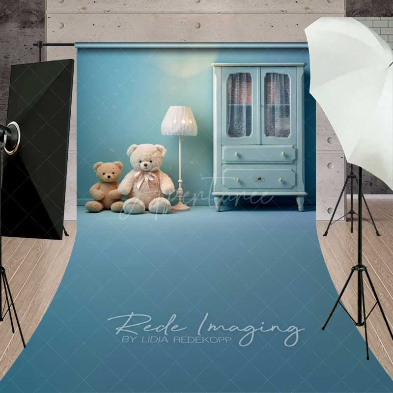 Aperturee Aperturee Teddy Bear Cake Smash Sweep Photography Backdrop Blue Nursery with Floor Space Boys First Birthday Studio Photo Prop